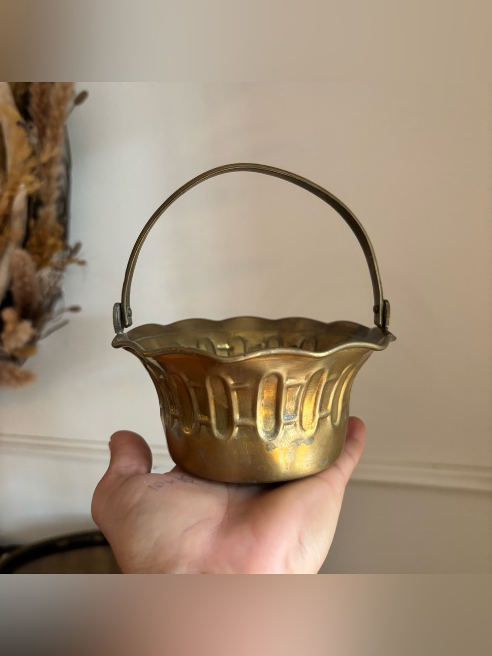 Vintage Brass Decorative Basket with Handle Cottagecore